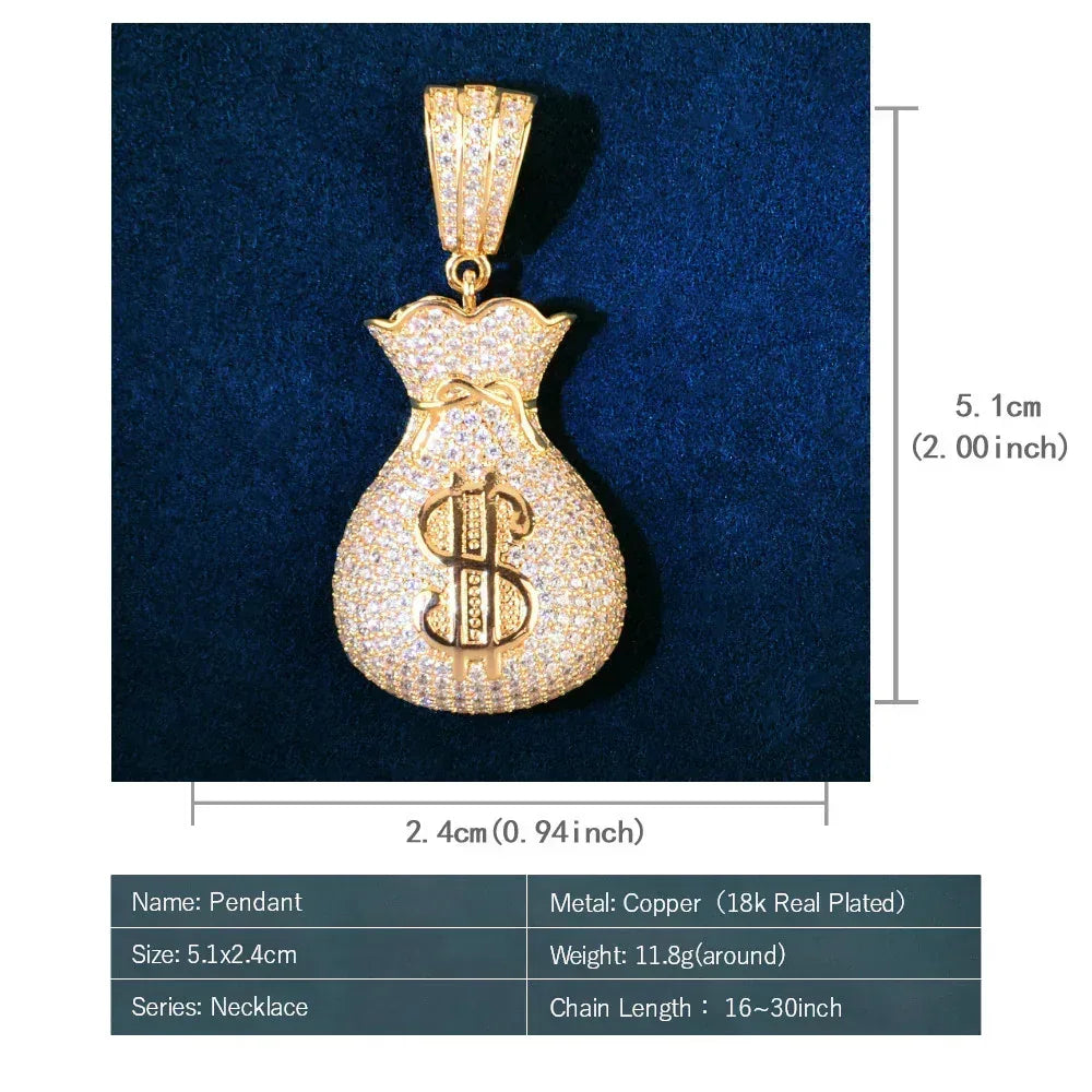 Iced Out Money Bag Pendant | CZ Hip Hop Men’s Streetwear Fashion Jewelry - CaratixJewelry
